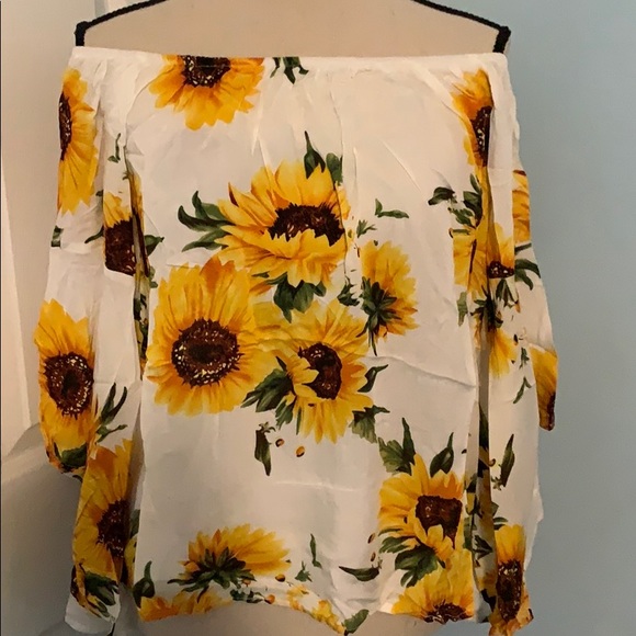 WHITE SUNFLOWER PRINT BOHO BARDOT SWING TOP - Picture 5 of 11